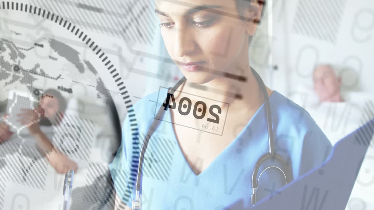 Nurse using stethoscope in hospital ward, projecting digital map overlays and chart lines