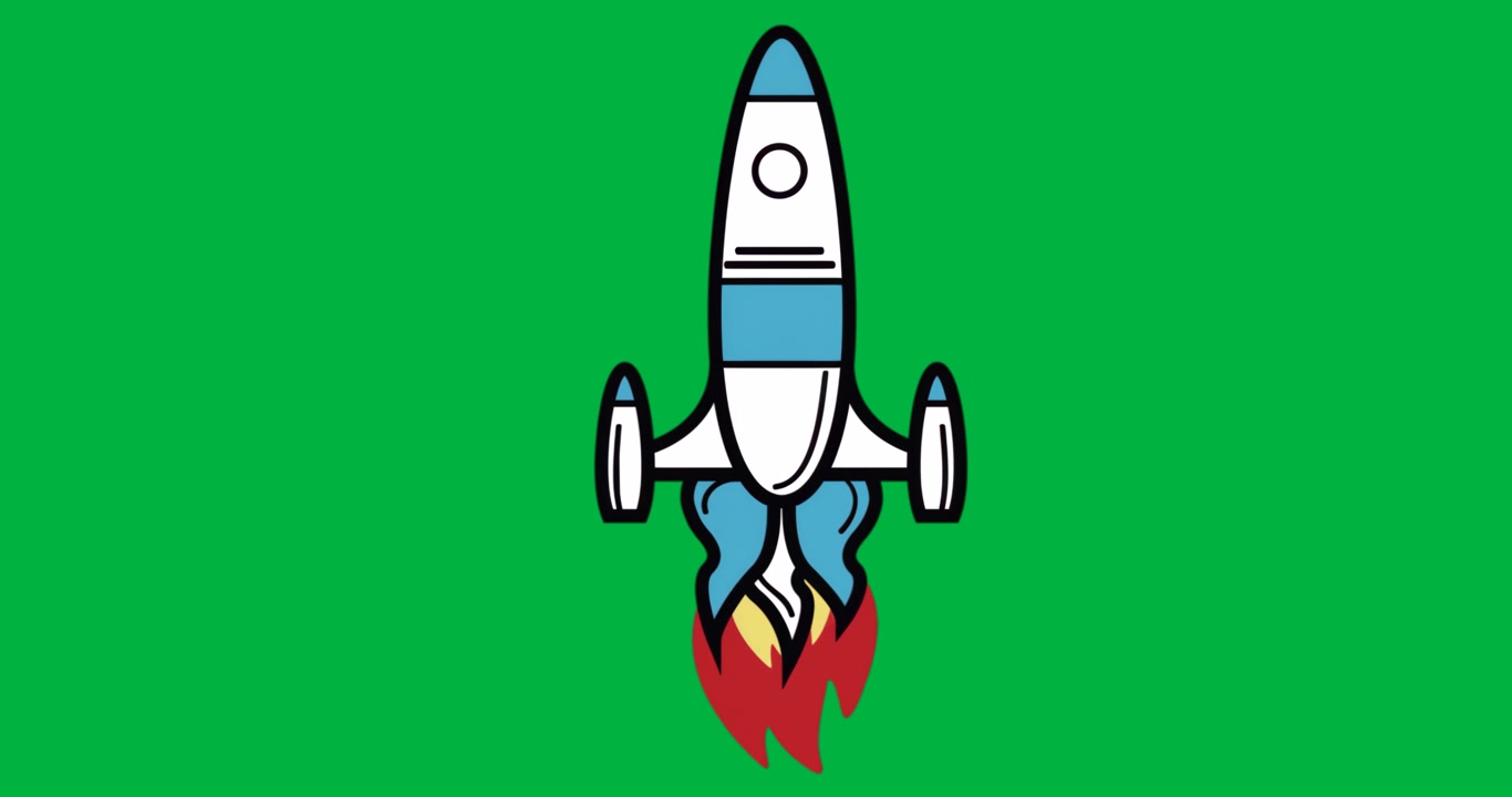 Designer creating tech asset featuring rocket with boosters and flames on transparent background
