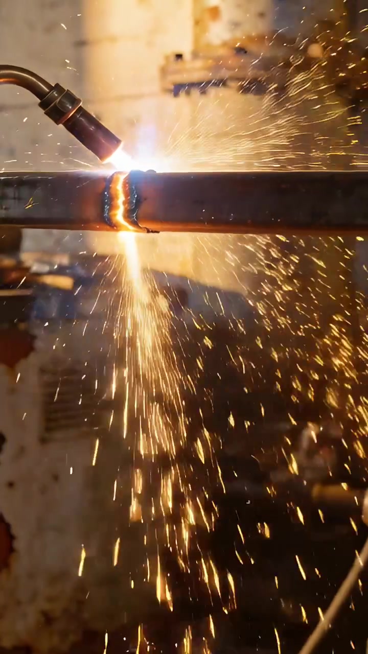 Video verticale: Accensione di una torcia da taglio portatile che taglia una barra in officina, creando scintille per un taglio di giunzione.