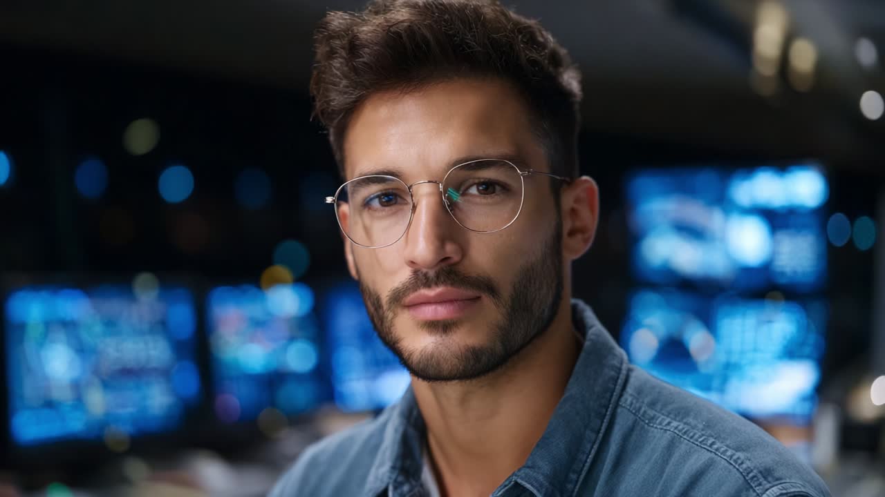 A young man with stylish glasses and a confident gaze is captured in a technological environment, surrounded by multiple screens displaying data, representing modernity and intelligence