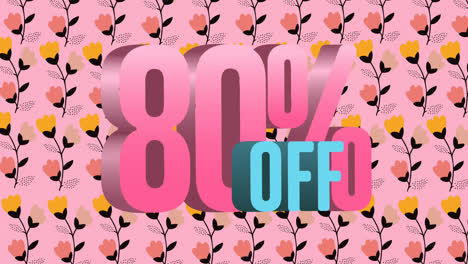 animation of 80 percentage text over flowers on pink background