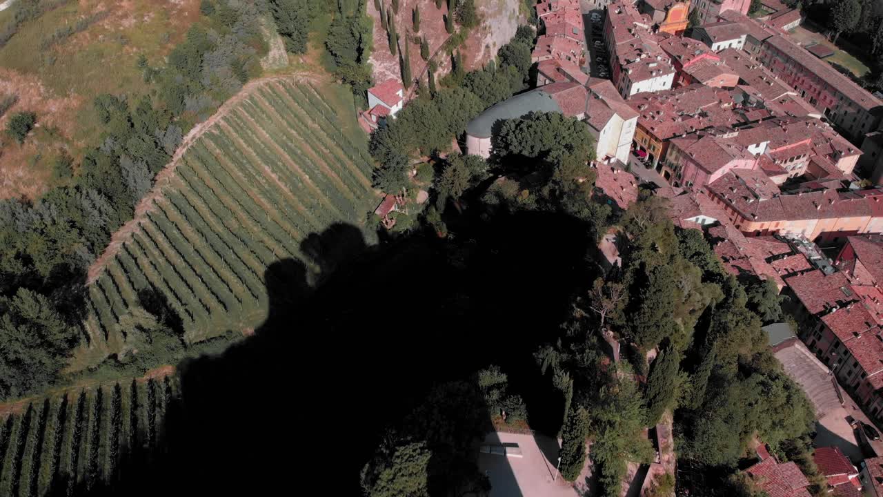 Veduta aerea dall'alto da drone di città medievale italiana. Dozza, Emilia Romagna, Italia