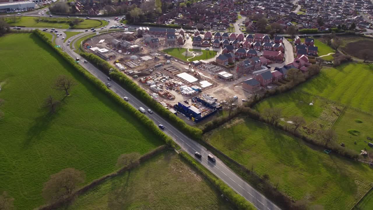 Aerial view of housing estate development in suburbs of Crewe - Cheshire, UK