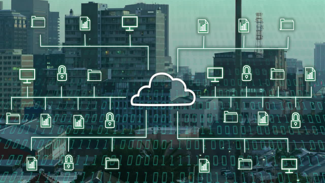 animación de red de computación en la nube sobre cityscape con código binario e íconos de datos