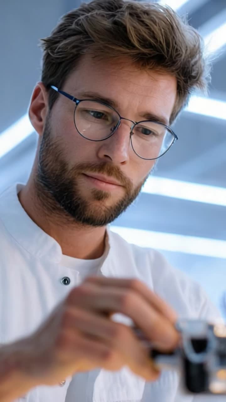 Focused Individual Examining an Object Under Soft Lighting with Modern Background in a Creative Space, Showcasing Attention to Detail and Craftsmanship