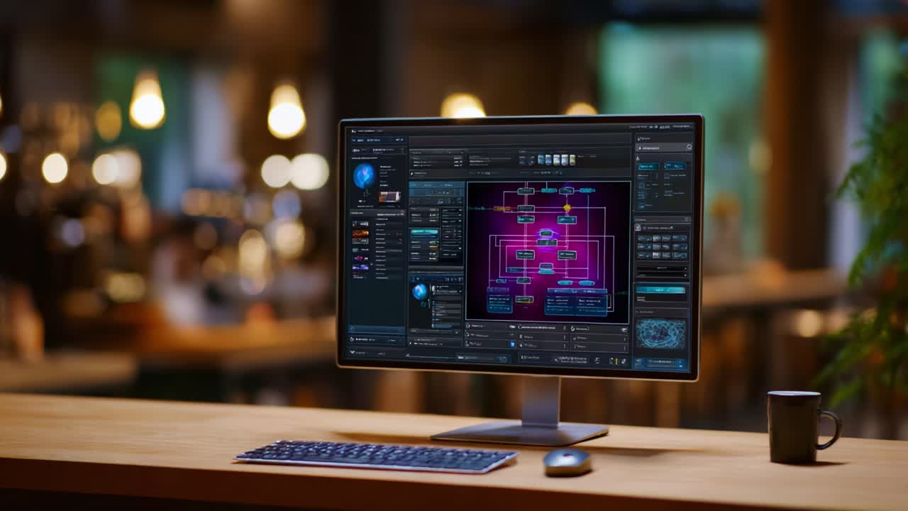 A modern workstation setup displaying a high-tech computer screen with advanced data visualization and algorithmic flow charts in a stylish cafe environment