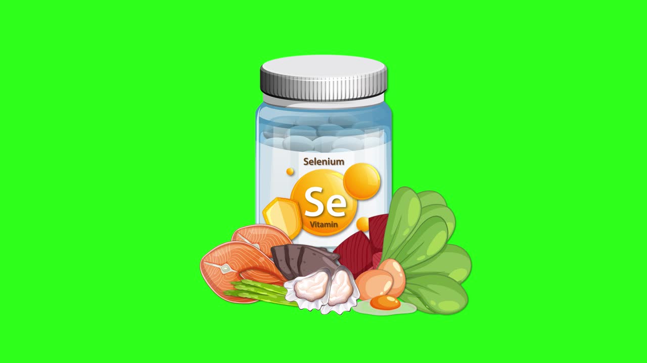 Selenium supplement bottle with vegetables and nuts appears on green screen, smooth additive animation style
