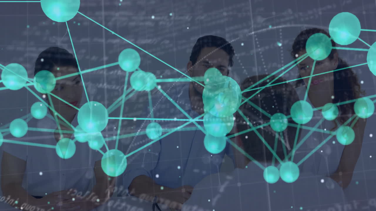 Collaborating in network, diverse people processing data connections in animation