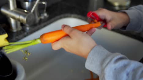 close-up of an unrecognizable woman's hand peeling carrots