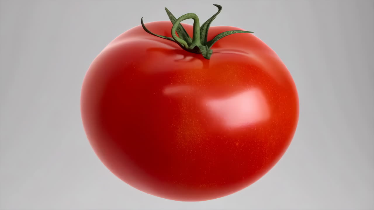 A single ripe red tomato on a light background