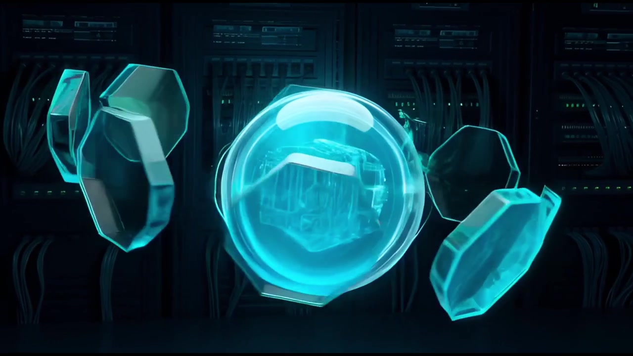 Abstract Digital Sphere Rotating in Front of Server Racks