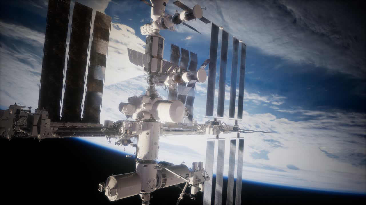 A view of the Earth and a spaceship. ISS is orbiting the Earth