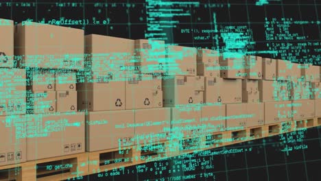 Animation-Der-Datenverarbeitung-über-Mehrere-Kartons-Auf-Einem-Förderband-Vor-Schwarzem-Hintergrund