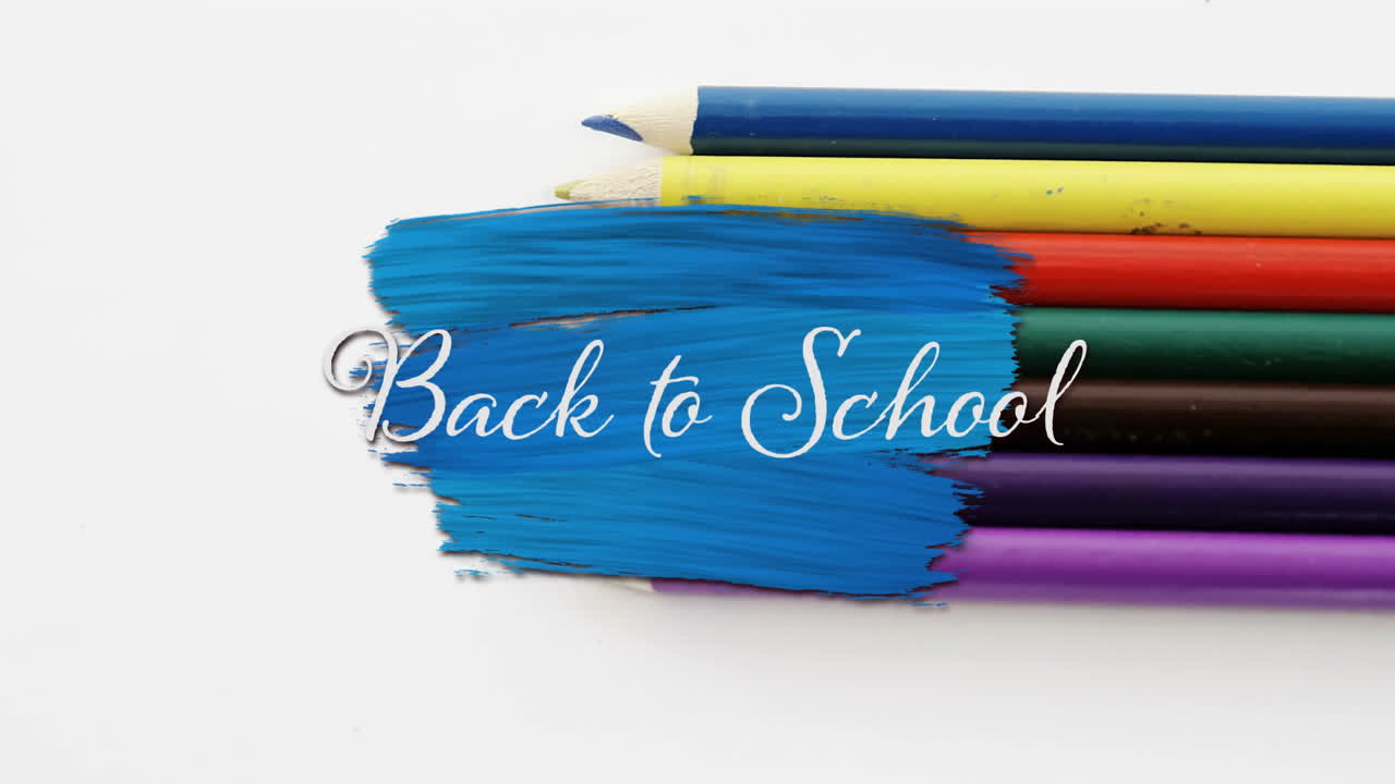 색 배경에 연필로 학교로 돌아가는 텍스트의 애니메이션