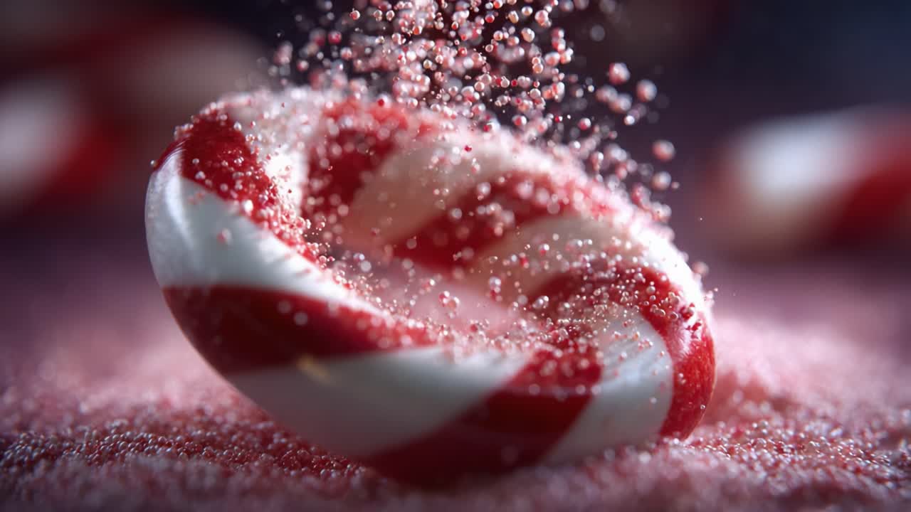 Close-Up of a Swirled Candy Cane Surrounded by Sparkling Sugar Dust, Highlighting Its Vibrant Red and White Stripes Against a Soft Background