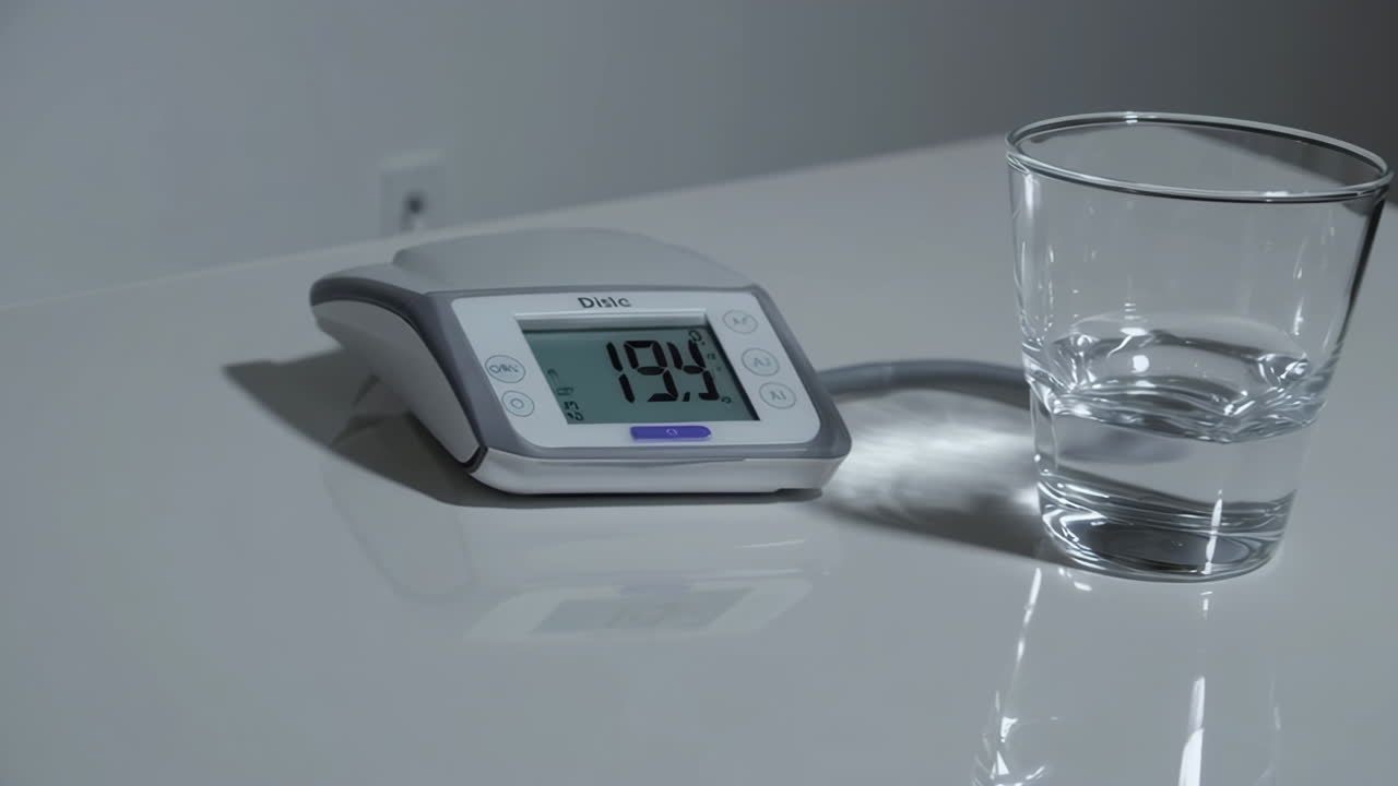 Blood Pressure Monitor and Glass of Water on Table