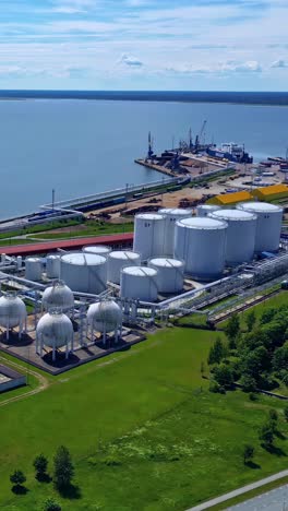 aerial view of ventspils port terminal in latvia with oil and gas storage tanks, pipelines, and shipping docks by the baltic sea