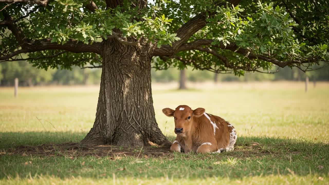 A Calf Resting Calmly Underneath a Sprawling Oak Tree in a Serene Pastoral Landscape, Emphasizing Nature and Farm Life