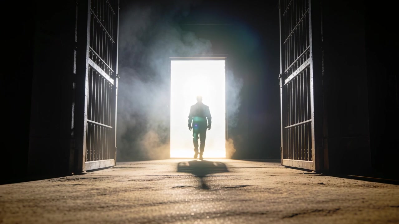 Walking man wearing jacket moving from backlit doorway through metal gates into interior, fog