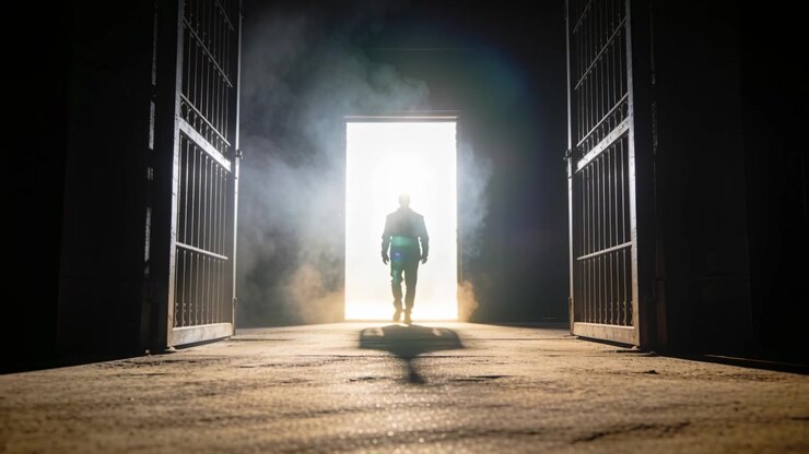 Uomo con la giacca che cammina, si muove da un ingresso retroilluminato attraverso cancelli metallici verso l'interno, nebbia.