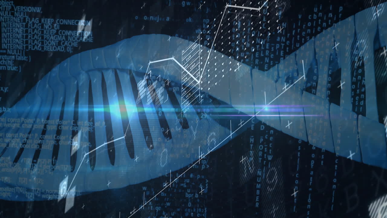 DNA strand with binary coding, processing scientific data in animation format