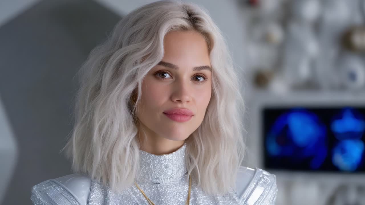 An Enigmatic Figure in Futuristic Attire Poses with Confidence Against a Sleek, Modern Background, Embodying a Blend of Style and Innovation