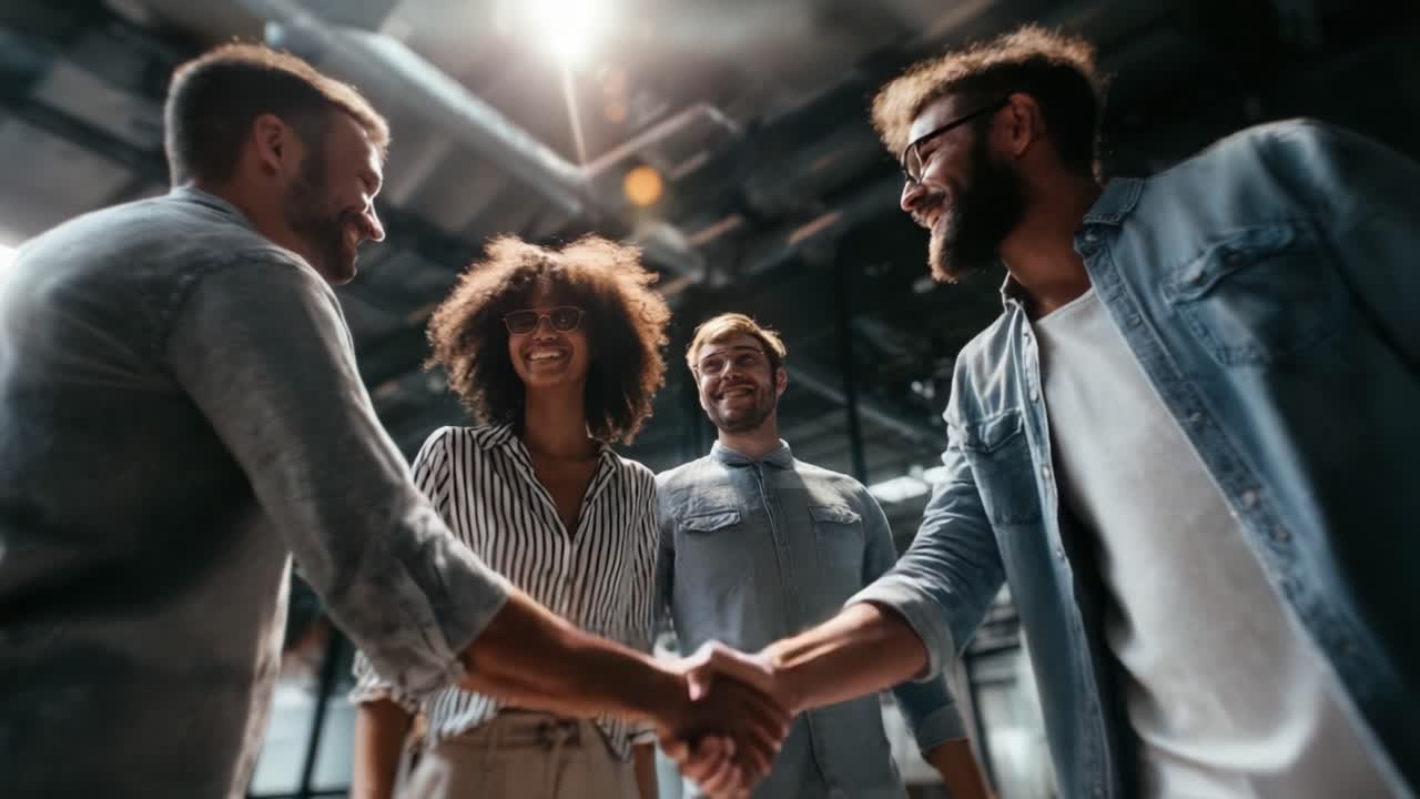 A Joyous Meet and Greet: Friends Engaging in a Cheerful Handshake Under Bright Lights, Celebrating Connection and Warmth in an Inviting Space