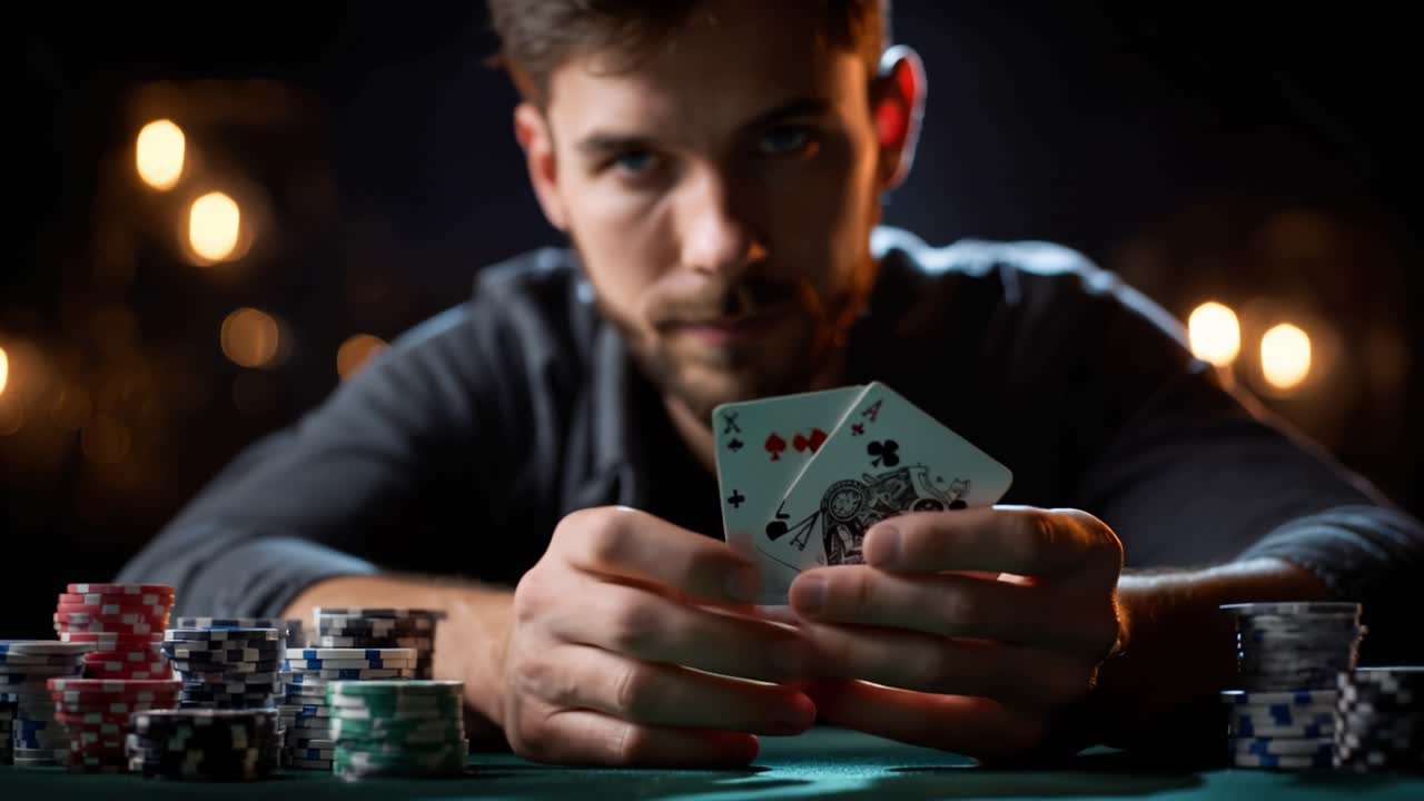 Intense Focus on the Cards: A Player's Showdown in a High-Stakes Poker Game Surrounded by Ambiance and Tension at the Table with an Array of Chips
