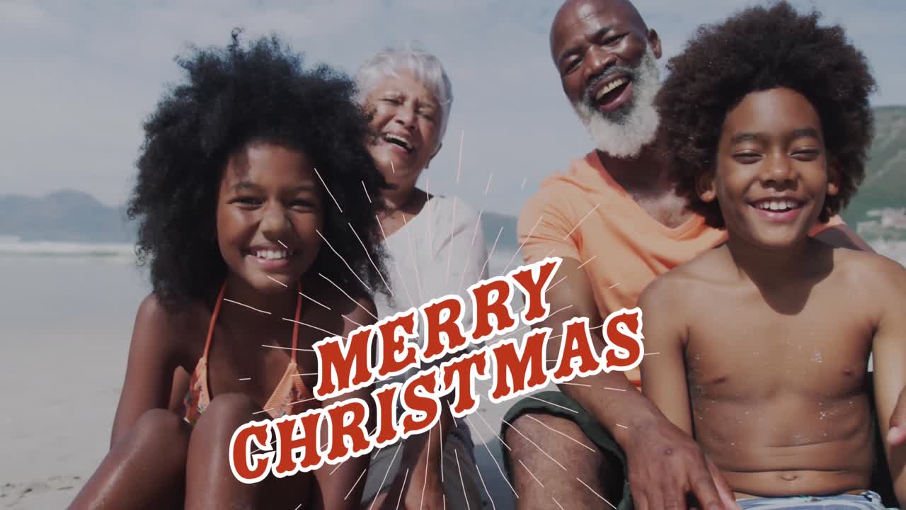 animación de feliz navidad sobre felices abuelos y nietos diversos en la playa