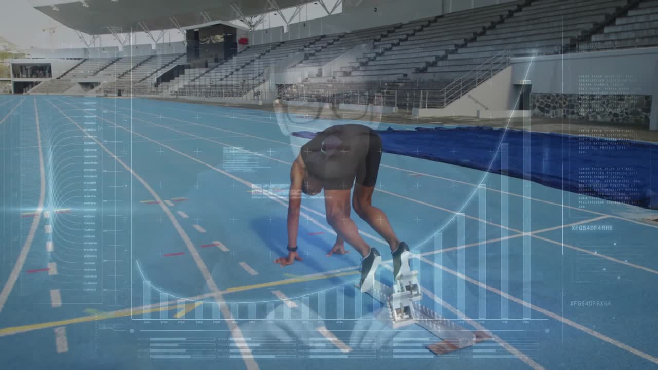 Track athlete approaching starting blocks and adjusting pedals under HUD overlay monitoring stats