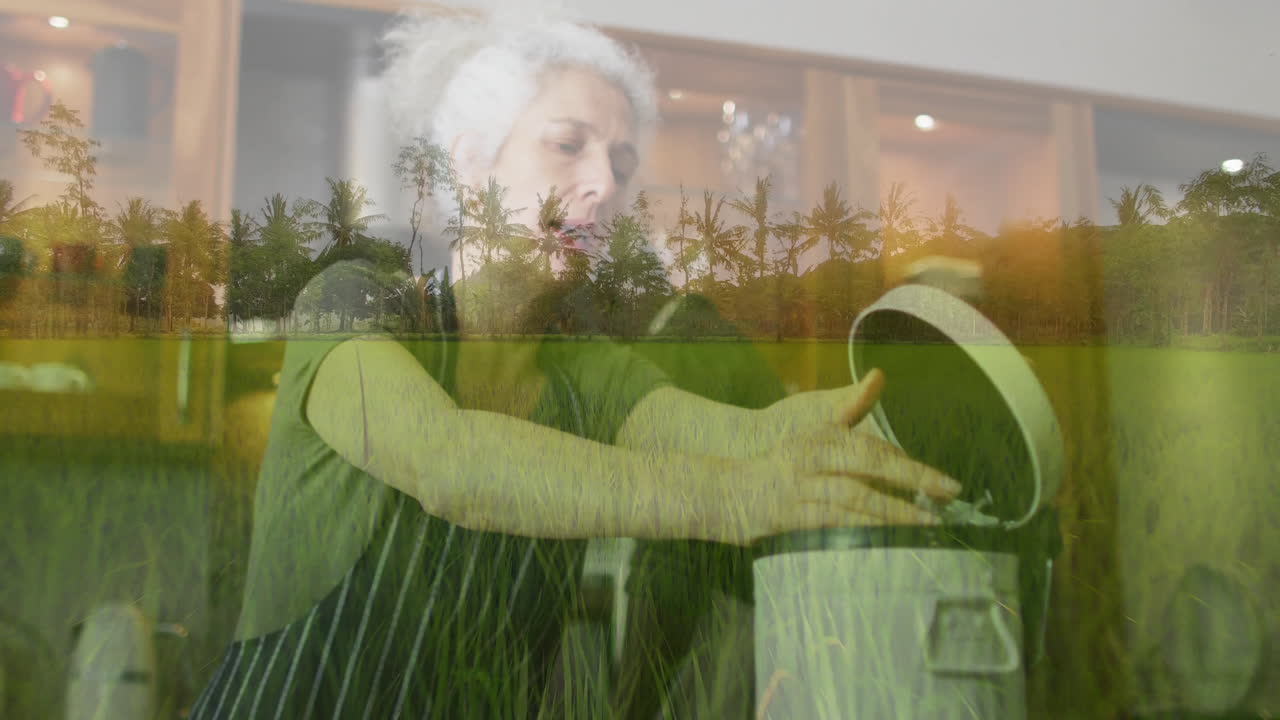 Cooking in kitchen, woman with rice field landscape animation overlay