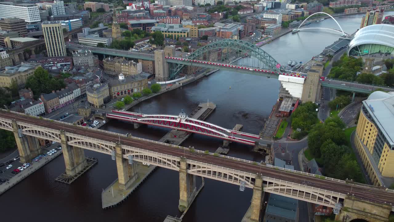 Aerial View of Newcastle upon Tyne Cityscape and Bridges over River Tyne