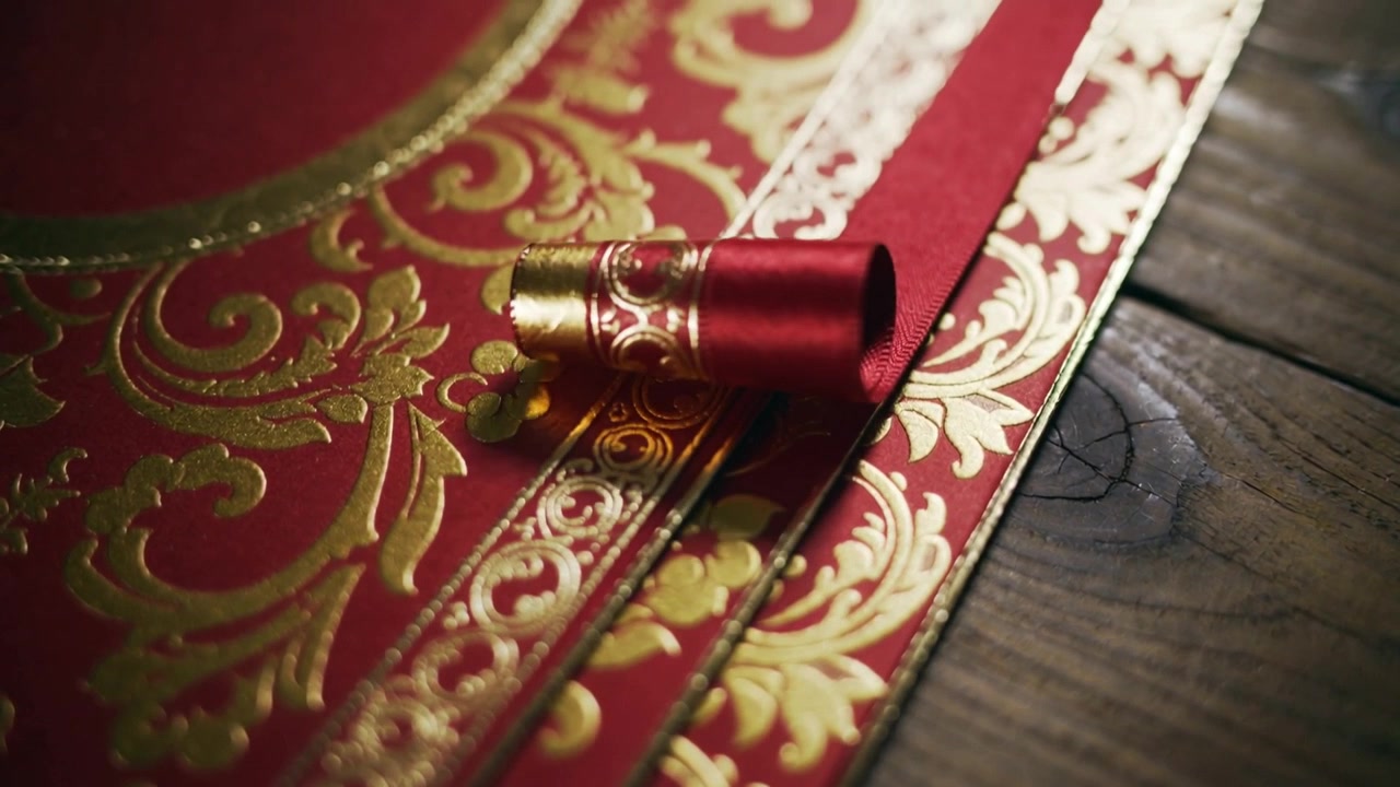 Pulling focus revealing gold filigree on red sheet and satin ribbon loop settling on wood tabletop