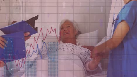 animation of arrows and graphs over caucasian female and male doctors and senior patient