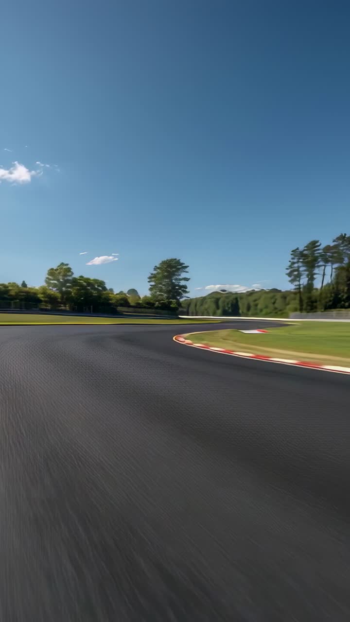 Vídeo vertical: cámara acercándose a una curva a la izquierda, describiendo un arco y acelerando junto a los bordillos en un circuito de carreras