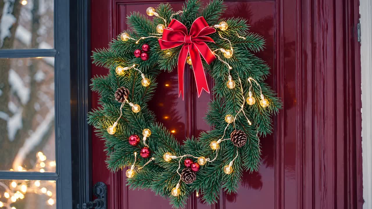 Festive Christmas wreath with lights and red bow on a red door, captured from a front angle