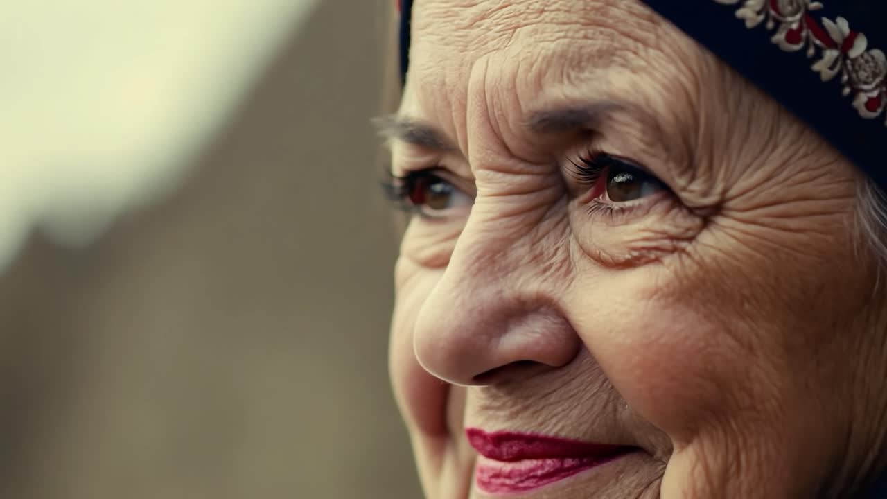 Ritratto ravvicinato di una donna anziana che sorride e guarda altrove.