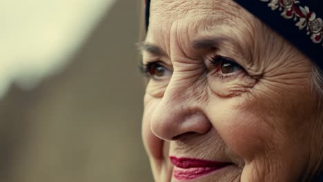 close up portrait of an elderly woman smiling and looking away.