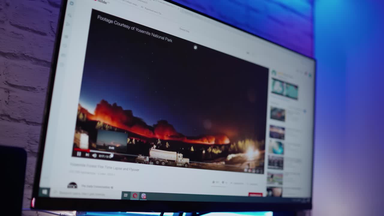 Film on the screen of a computer. Video about nature is shown on the monitor. Close-up.