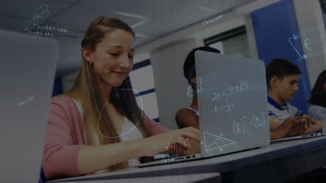 Mathematical equations floating against caucasian girl using laptop at elementary school