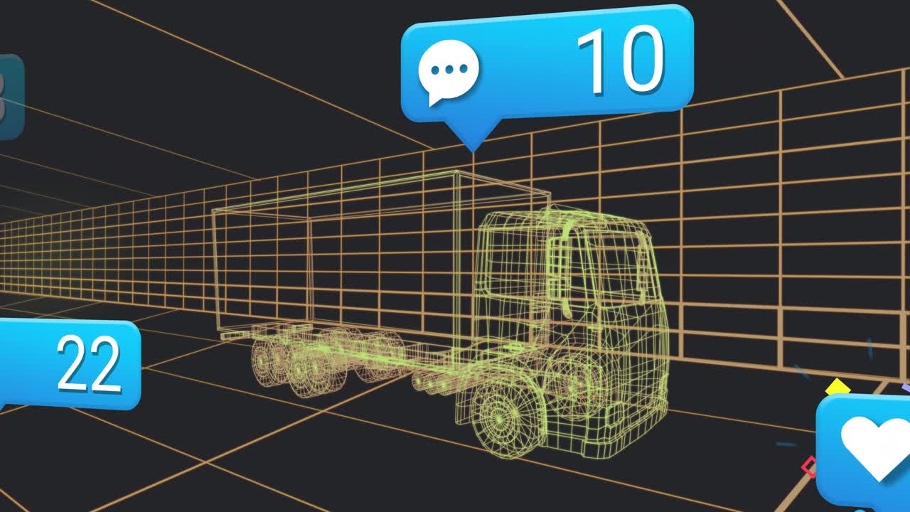 Opening on green wireframe truck while social bubbles popping, rising, fading, showing engagement