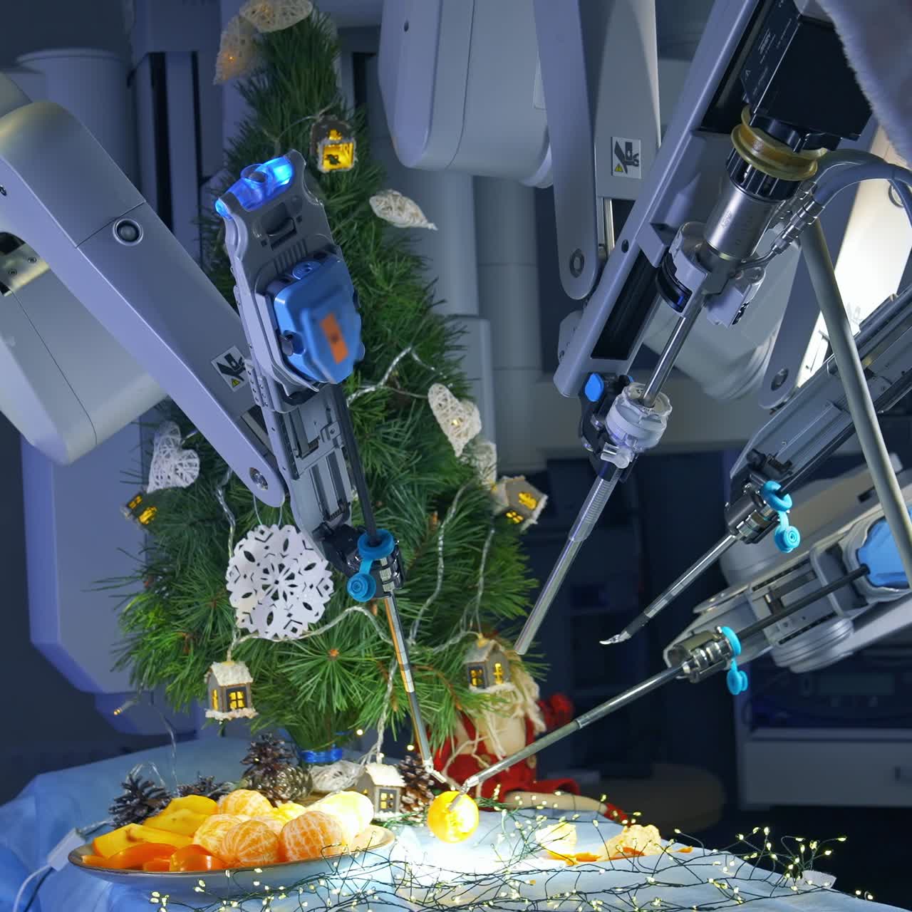 Futuristic robotic equipment for New year. Robotic arms peeling mandarin on table. Modern engineering. New machinery for Christmas preparation