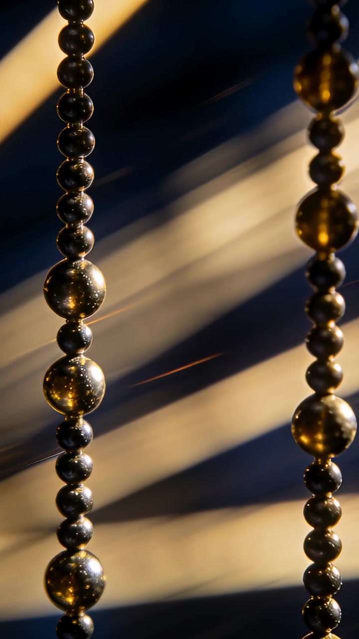 Video verticale: Catena di perline che ondeggia alla finestra, luce solare attraverso le persiane che crea riflessi mutevoli, mostrando la polvere.