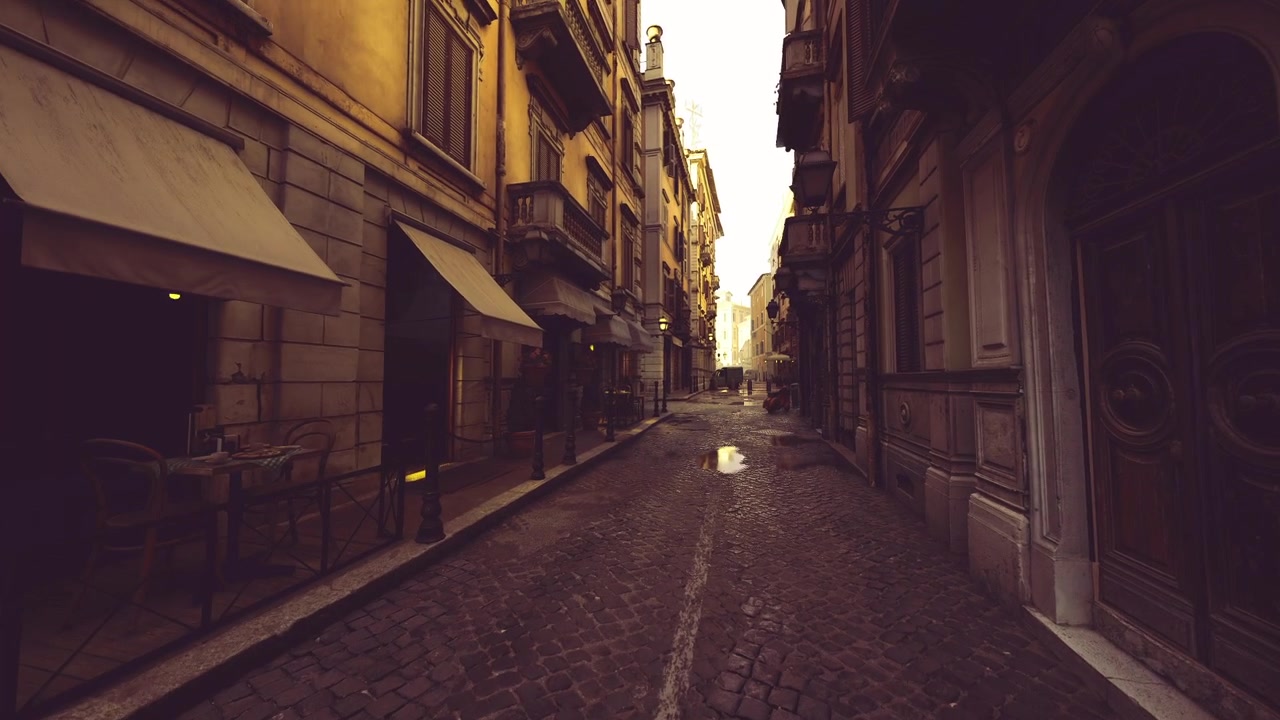 Scena di strada luminosa, il sole illumina una strada tranquilla con aroma di caffè