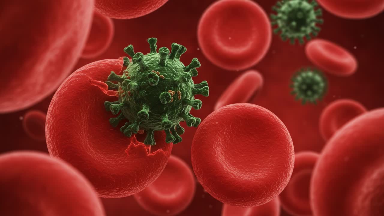 Intricate Visualization of a Virus Interacting with Red Blood Cells in a Detailed Microscopic View, Showcasing the Dynamics of Infection and Immune Response