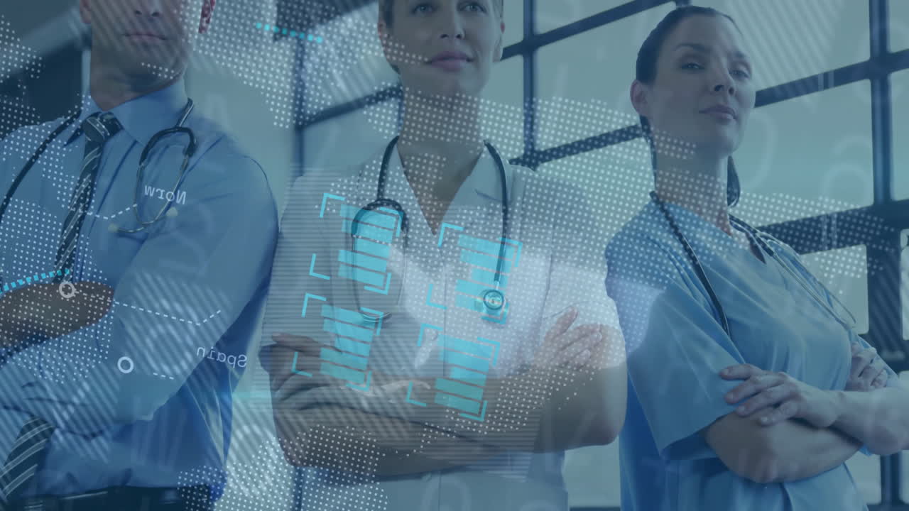 three medical professionals posing with arms crossed, analyzing holographic data with map overlay