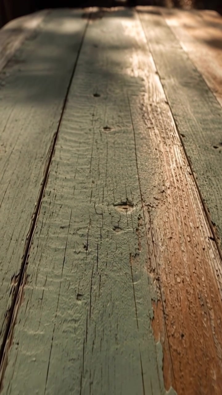 Vista ravvicinata segue assi di legno parallele con rivestimento verde sbiadito e strisce usurate, mentre la calda luce naturale evidenzia la grana ruvida, i bordi scheggiati, piccoli nodi e ombre morbide in movimento