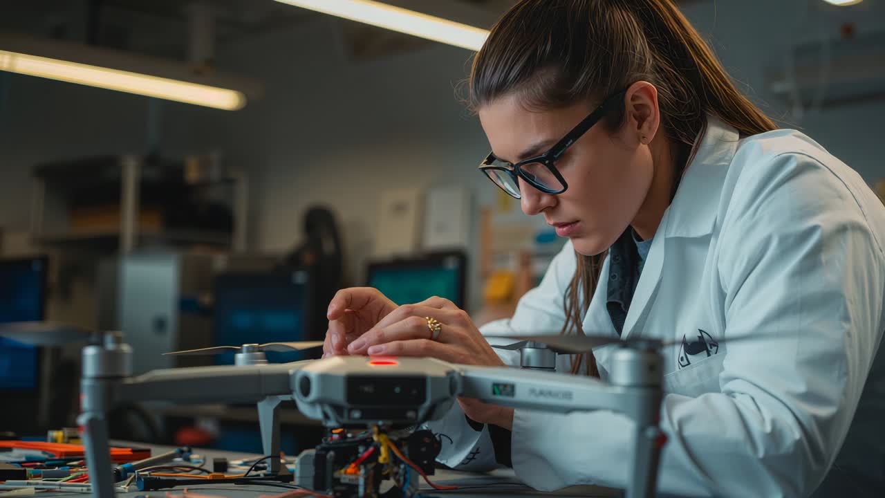 Adjusting tech in lab coat aligning drone propellers checking wiring on bench prompted by red-LED