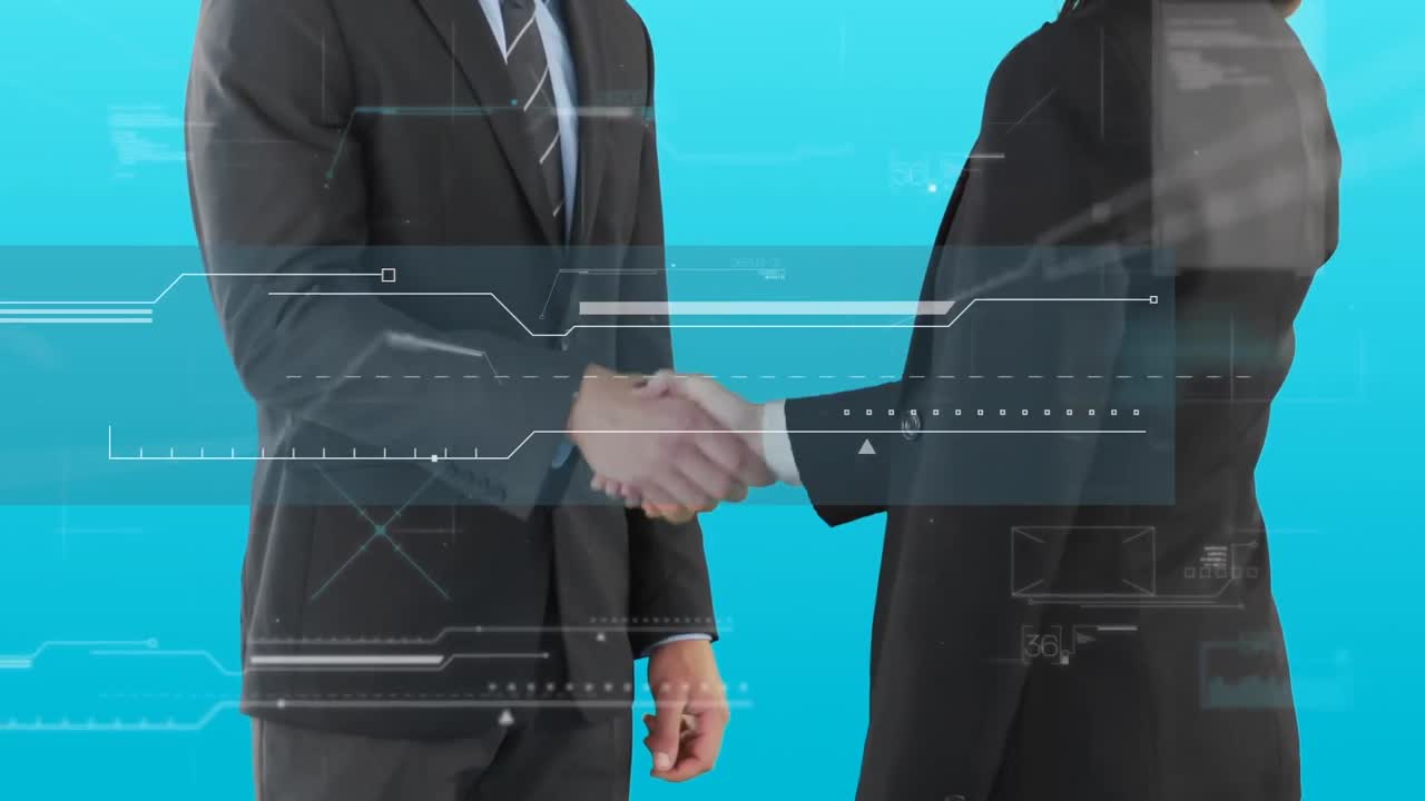 Animation of statistics and data processing over businessman handshake