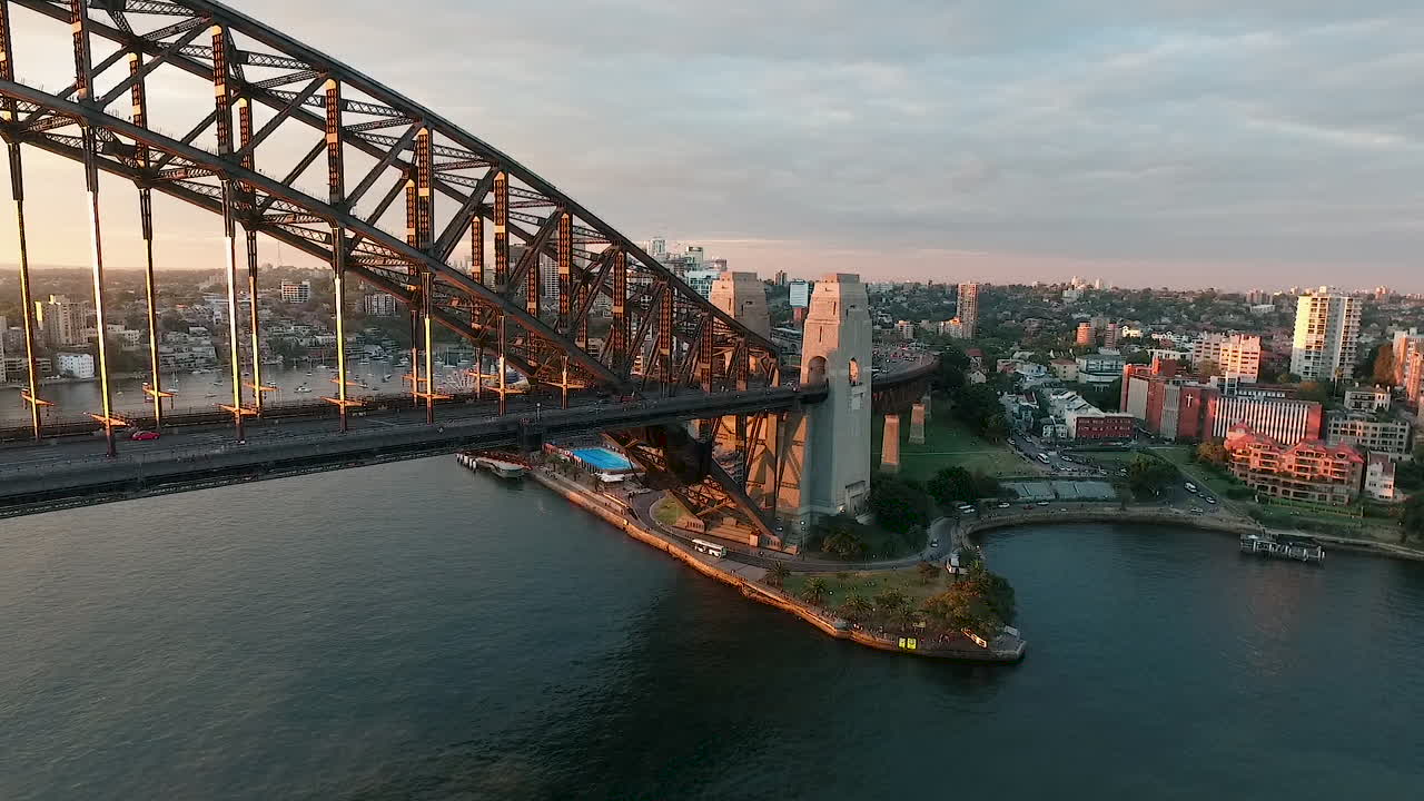 Aerial Forward Dolly Towards Sydney Harbour Bridge, Kirribilli, North Sydney At Sunset